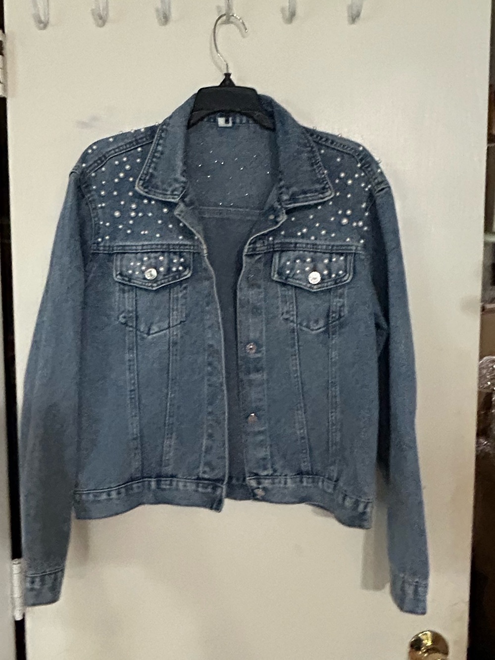 Denim Jacket with Pearl Studs - Blue - Picture 3 of 7
